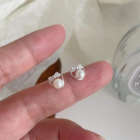 Boucles d'Oreilles Clous Perle Nœud Avec Tige en Argent Sterling 925 Ruban Doux Mignon Zirconia Argent pour Femme Bijoux