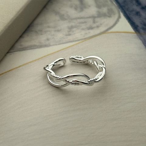 Anillo Ajustable Abierto de Plata de Ley S925 con Líneas Trenzadas Multicapa para Mujer Joyería Minimalista