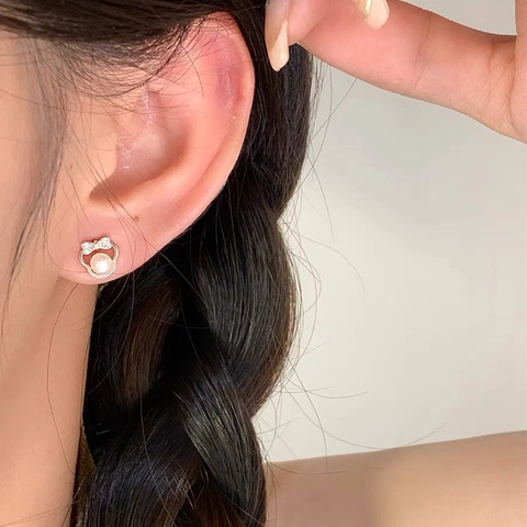 Boucles d'Oreilles Clous Perle Nœud Avec Tige en Argent Sterling 925 Ruban Doux Mignon Zirconia Argent pour Femme Bijoux