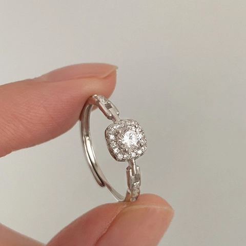 Luxury 925 Sterling Silver Square Halo Ring For Women Fashionable Adjustable Chain Design Zirconia Inlaid Open Finger Ring Jewelry