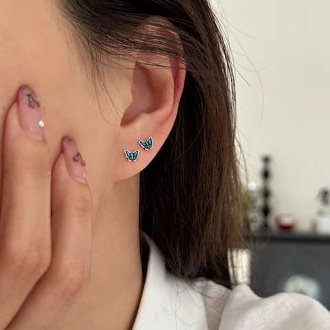 999 Sterling Silver Blue Enamel Butterfly Stud Earrings For Women Simple Small Personalized Screw Back Earring Jewelry