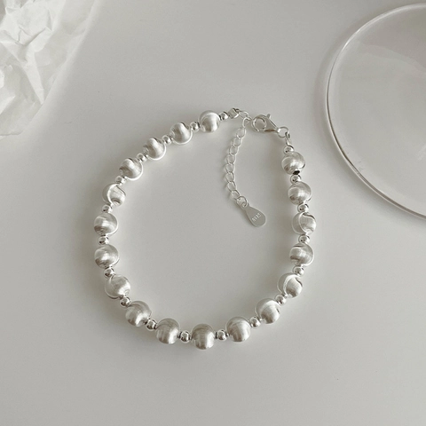 Minimalistisches 925 Sterlingsilber Gebürstetes Perlenarmband Für Damen Koreanischer Stil Polierte Runde Kugel Armkette