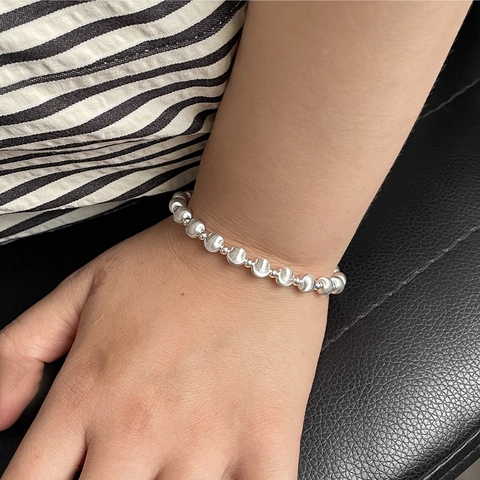 Minimalistisches 925 Sterlingsilber Gebürstetes Perlenarmband Für Damen Koreanischer Stil Polierte Runde Kugel Armkette