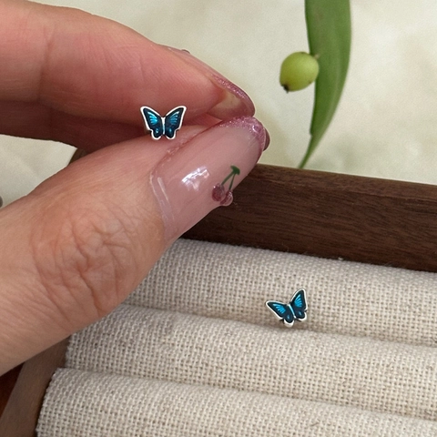 999 Sterling Silver Blue Enamel Butterfly Stud Earrings For Women Simple Small Personalized Screw Back Earring Jewelry