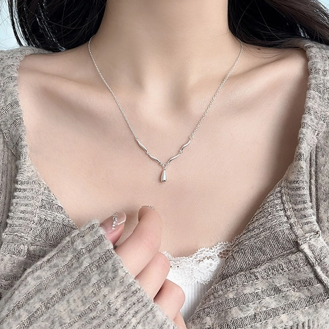 Minimalist 925 Sterling Silver Necklace Women Wave Chain Teardrop Pendant Delicate Clavicle Chain Elegant Korean Jewelry Gift