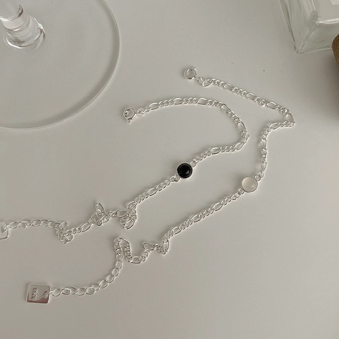 S925 Sterling Silver Bracelet Round Black Onyx White Chalcedony Minimalist Figaro Chain Fashion Jewelry Gift For Women