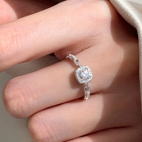 Luxury 925 Sterling Silver Square Halo Ring For Women Fashionable Adjustable Chain Design Zirconia Inlaid Open Finger Ring Jewelry