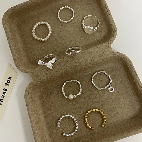 925 Sterling Silver Minimalist Artificial Pearl Ring For Women S925 Silver Bead Open Adjustable Ring Simple Elastic Cord Fashion Finger Ring Accessories