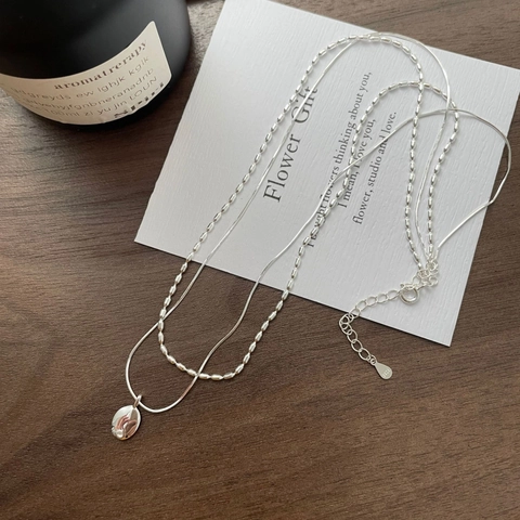 925 Sterling Silber Zweilagige Halskette Für Damen Minimalistisch Poliert Oval Anhänger Perlen Schlangen Kette Schmuck