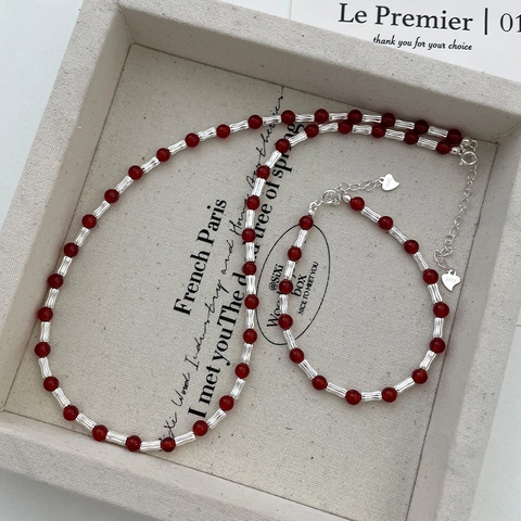 925 Sterlingsilber Roter Achat Halskette Armband Set Bambusknoten Kette Geometrische Choker Für Damen Weihnachten Neujahr Geschenk Schmuck