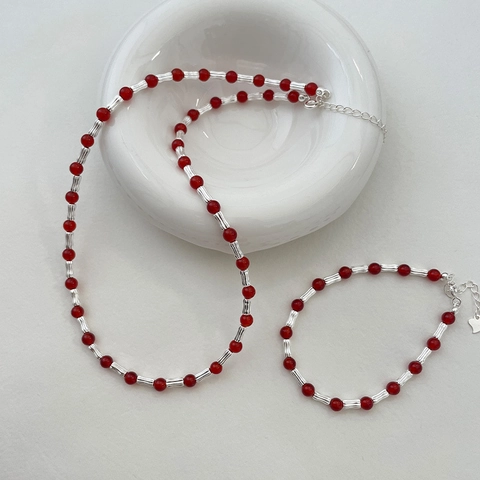 925 Sterlingsilber Roter Achat Halskette Armband Set Bambusknoten Kette Geometrische Choker Für Damen Weihnachten Neujahr Geschenk Schmuck