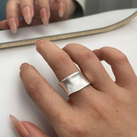 S925 Sterling Silver Matte Open Ring For Women Irregular Wave Minimalist Adjustable Wide Band Fashion Finger Jewelry Gift