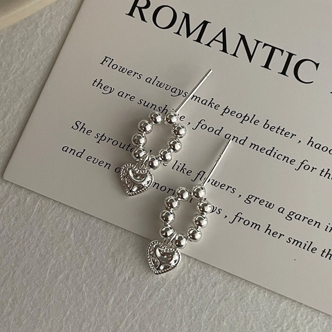 Orecchini a Bottone in Argento Sterling S925 con Perline a Cuore Gioielli Minimalisti Vintage per Donna Romantici Eleganti Argento Semplice