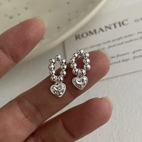 Orecchini a Bottone in Argento Sterling S925 con Perline a Cuore Gioielli Minimalisti Vintage per Donna Romantici Eleganti Argento Semplice