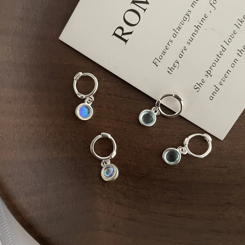 Pendientes de Aro Minimalistas Con Poste de Plata de Ley 925 Colgante de Vidrio Efecto Piedra de Luna Para Mujer Joyería