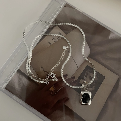 925 Sterling Silber Schlüsselbeinkette Mit Schwarzem Achat Quadrat Anhänger Minimalistischer Koreanischer Stil Damen Schmuck