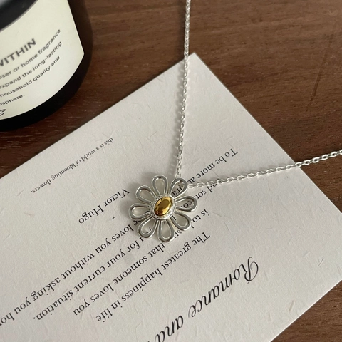 Collana con Ciondolo a Forma di Margherita in Argento Sterling 925 Bicolore Oro Argento Piccola Collana Girocollo per Donna