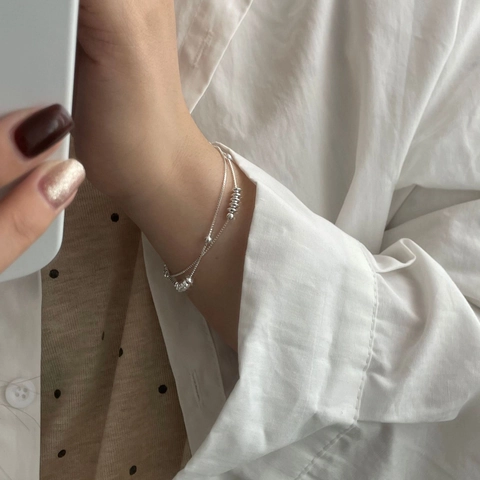 Bracciale a Doppio Strato in Argento Sterling 925 per Donna Minimalista Perle a Disco Pendente a Cuore Catena Regolabile Gioielli