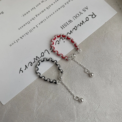 Handmade 925 Sterling Silver Woven Bracelet And Ring Red Black Braided Cord Round Bead Jewelry For Women Minimalist Casual Accessory
