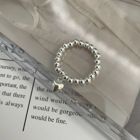 S925 Sterlingsilber Perlenring Mit Herzanhänger Minimalistischer Koreanischer Stil Elastischer Perlenfingerring Damen Schmuck