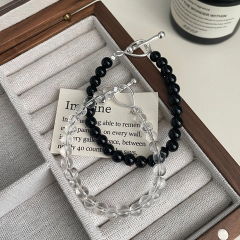 Minimalistisches 925 Sterlingsilber Unendlichkeitssymbol Knebelverschluss Armband Mit Weißem Kristall Schwarzen Achat Perlen