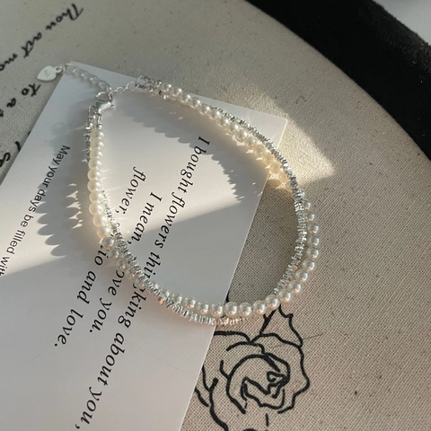 925 Sterlingsilber Doppelschichtig Künstliche Perle Armband Für Damen Koreanisch Minimalistisch Broken Silver Bead Verstellbares Kette Armband Schmuck Geschenk