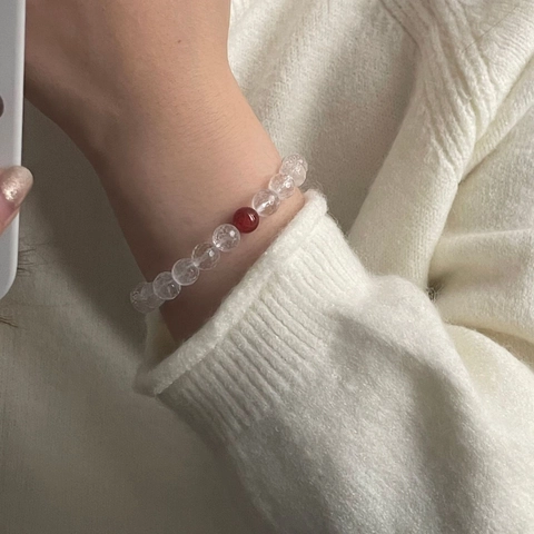 Bracciale di Perline in Cristallo Bianco Sfaccettato E Agata Rossa Gioielli in Stile Coreano Vintage Semplice da Donna Accenti in Argento