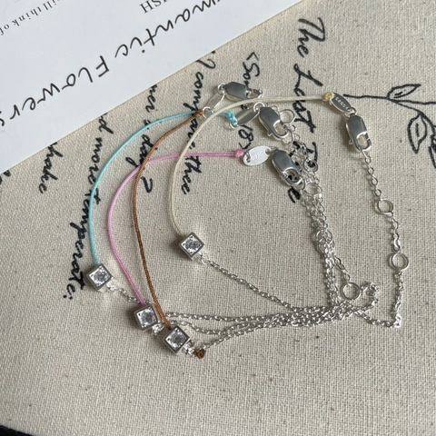 Pulsera de Plata de Ley S925 Con Zirconia Cuadrada Cordón de Colores Cadena de Empalme Para Mujer Joyería Minimalista