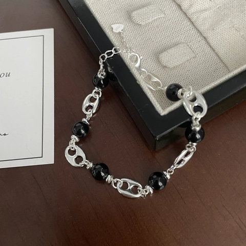 S925 Sterling Silver Pig Nose Link Bracelet Black Agate Beads Minimalist Niche Design Adjustable Fashion Jewelry For Women Gift