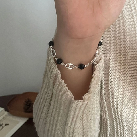 S925 Sterling Silver Pig Nose Link Bracelet Black Agate Beads Minimalist Niche Design Adjustable Fashion Jewelry For Women Gift