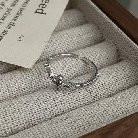 S925 Sterling Silver Cross Ring for Women Adjustable Open Ring Minimalist Zirconia Inlaid Bamboo Texture Personal Fashion Jewelry