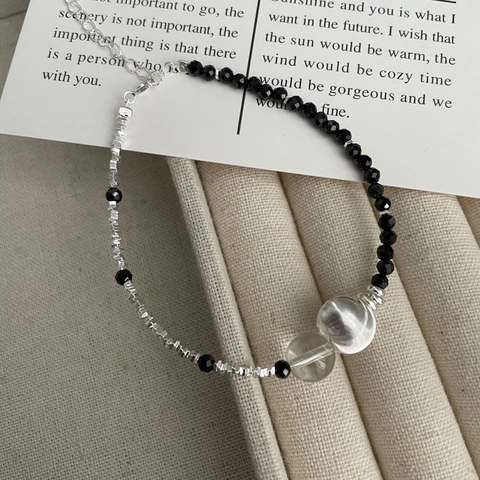 Bracciale in Argento Sterling 925 con Perline per Donna con Spinello Nero e Cristallo Bianco Regolabile Gioielli Minimalisti Regalo