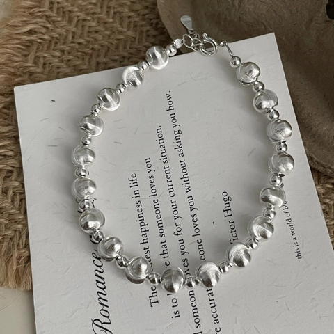 Bracciale di Perline in Argento Sterling 925 per Donna Minimalista Texture Incisa Perline Tonde Catena Regolabile Gioielli
