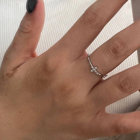 S925 Sterling Silver Cross Ring for Women Adjustable Open Ring Minimalist Zirconia Inlaid Bamboo Texture Personal Fashion Jewelry