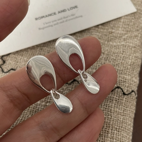 925 Sterling Silver Minimalist Fluid Metal Drop Earrings High Polish Irregular Geometric Hollow Waterdrop Stud Earrings For Women