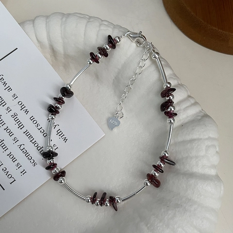 Bracciale in Argento Sterling 925 Con Perline di Granato Naturale Per Donna Fatto a Mano in Pietra Irregolare Catena Regolabile Bracciale Con Ciondolo a Cuore