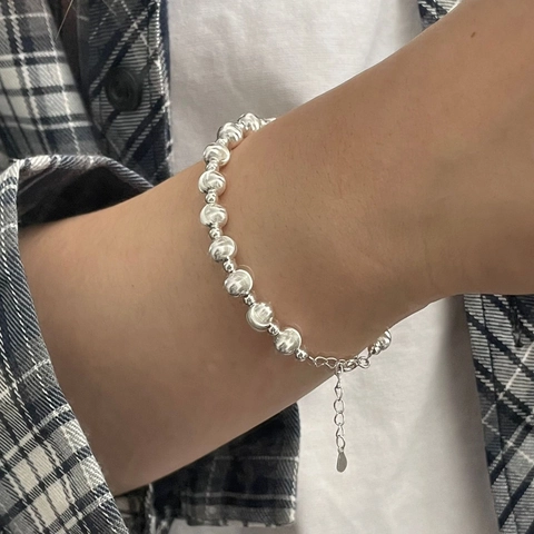Bracciale di Perline in Argento Sterling 925 per Donna Minimalista Texture Incisa Perline Tonde Catena Regolabile Gioielli