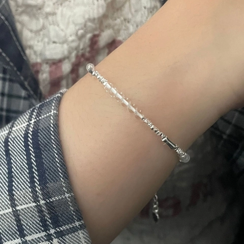 S925 Sterling Silver White Crystal Bracelet For Women Minimalist Bamboo Joint Beaded Chain Adjustable Heart Charm Jewelry