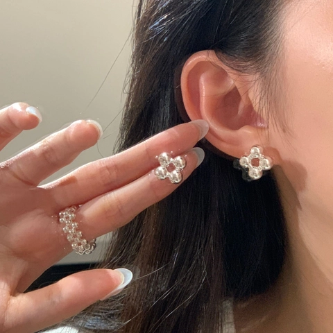 Orecchini a Bottone Vintage in Argento Sterling 925 per Donna Design Geometrico a Fiori di Perle Lucidati Minimalista Gioielli