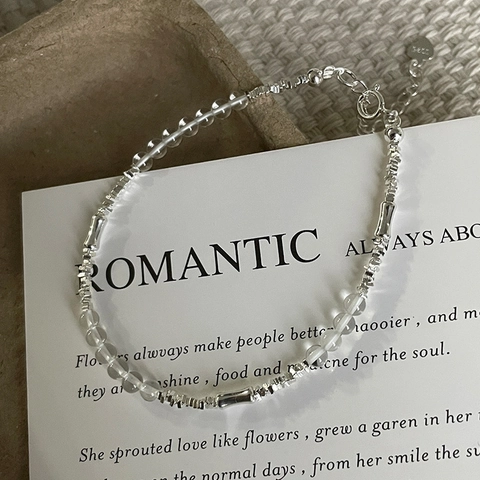 S925 Sterling Silver White Crystal Bracelet For Women Minimalist Bamboo Joint Beaded Chain Adjustable Heart Charm Jewelry