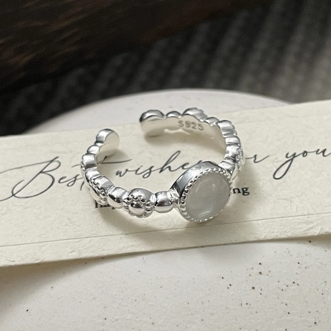 925 Sterling Silber Ring Mit Rundem Wasser-Moos-Jade Edelstein Offener Verstellbarer Minimalistischer Geometrischer Ring Damen