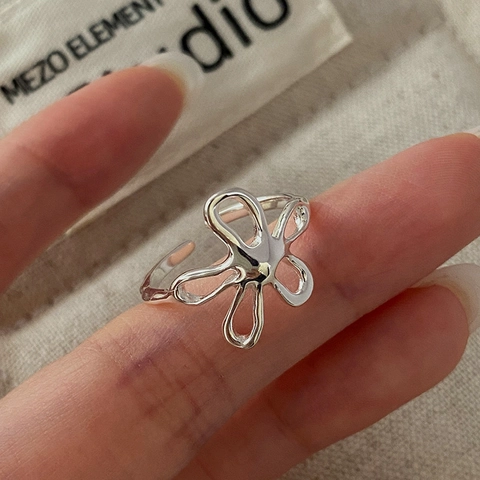 Anello Aperto Regolabile in Argento Sterling 925 Vintage Con Design Floreale Astratto Traforato per Donna Gioielli Minimalisti