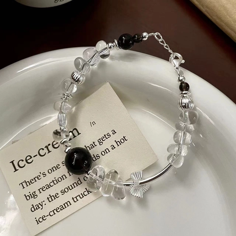 S925 Sterling Silver Beaded Bracelet With White Crystal And Smoky Quartz Minimalist Bowknot Charm Bracelet For Women Daily Jewelry