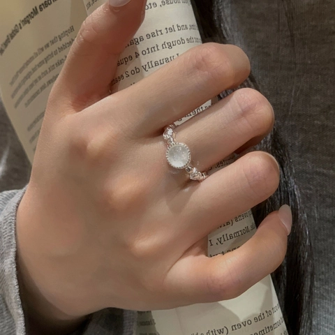 925 Sterling Silber Ring Mit Rundem Wasser-Moos-Jade Edelstein Offener Verstellbarer Minimalistischer Geometrischer Ring Damen
