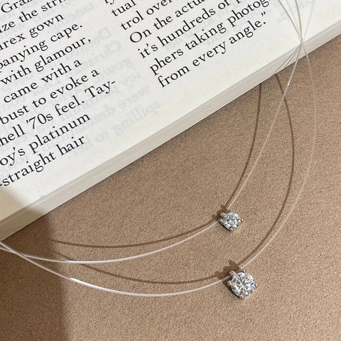 S925 Sterling Silver Invisible Fishing Line Pendant Necklace For Women Minimalist Zirconia Solitaire Choker Floating Jewelry Gift