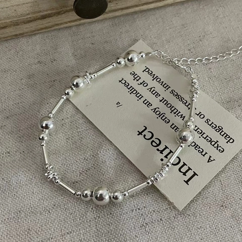 S925 Sterling Silver Beaded Bracelet For Women Korean Minimalist Round Bead Tube Link Bracelet Heart Pendant Adjustable Jewelry