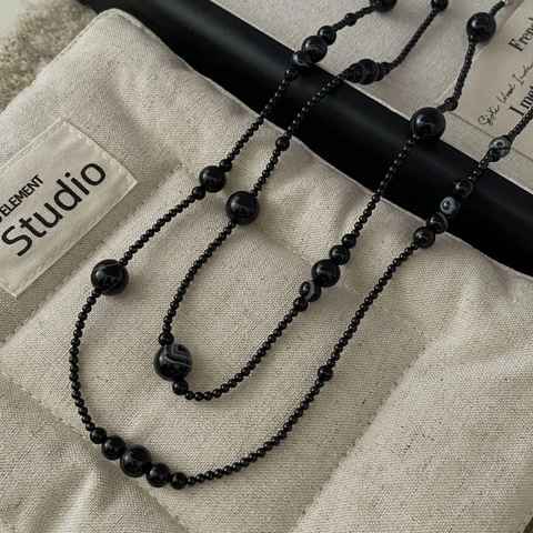 Handmade Natural Black Agate Beaded Necklace For Women 925 Sterling Silver Clasp Long Sweater Chain Elegant Jewelry Gift