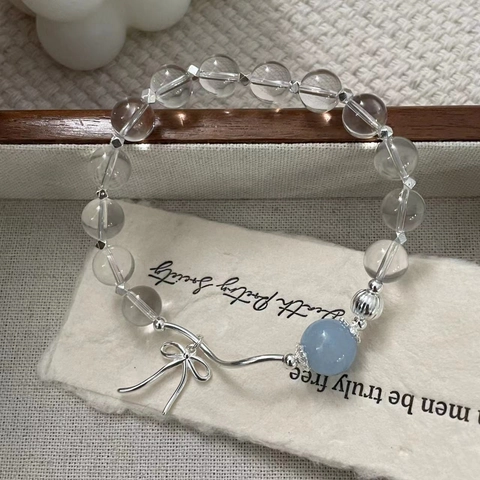 S925 Sterling Silver Aquamarine White Crystal Beaded Bracelet For Women Simple Bow Pendant Korean Fashion Hand Jewelry