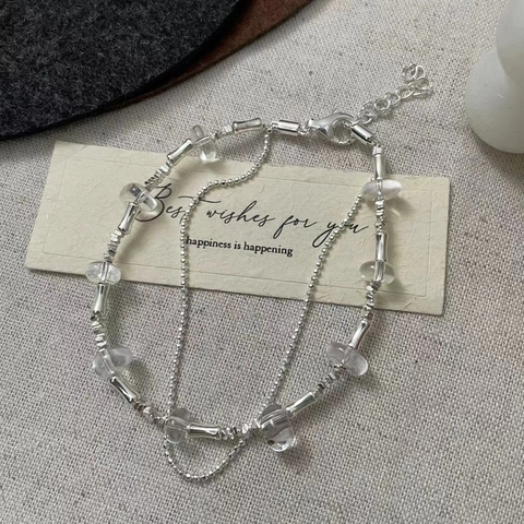 Bracciale a Doppio Strato in Argento Sterling 925 Con Cristallo Bianco Gioielli di Moda Coreana Geometrici Irregolari per Donna Uso Quotidiano