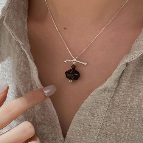 Collana con Ciondolo Geometrico in Argento Sterling S925 Quarzo Fumè Retrò Minimalista Catena a Girocollo con Perla di Legno Donna